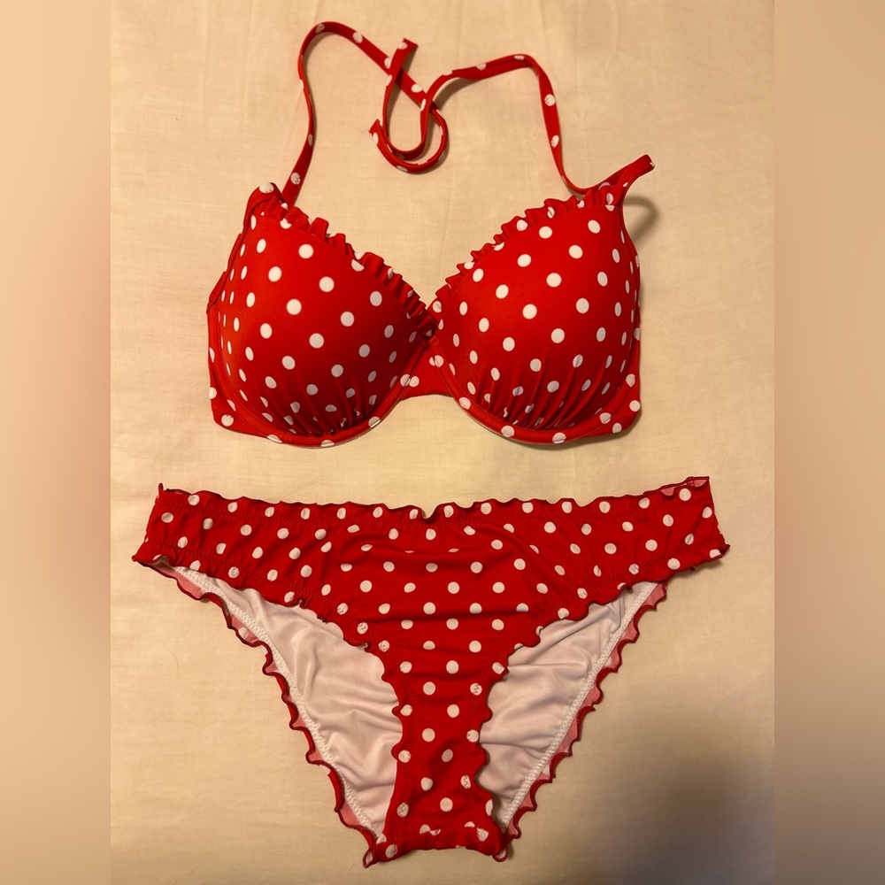 Shade & Shore Adjustable Top Red and White Polka Dot Bikini M 34D Ruched Bottom